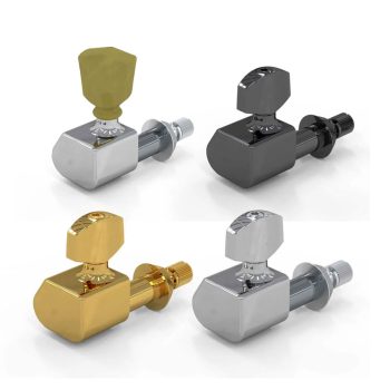 PowerHead automatic guitar tuning pegs for MinETune - finish options Four PowerHead motorized guitar tuning pegs showing chrome marble, black chrome, gold and chrome finishes