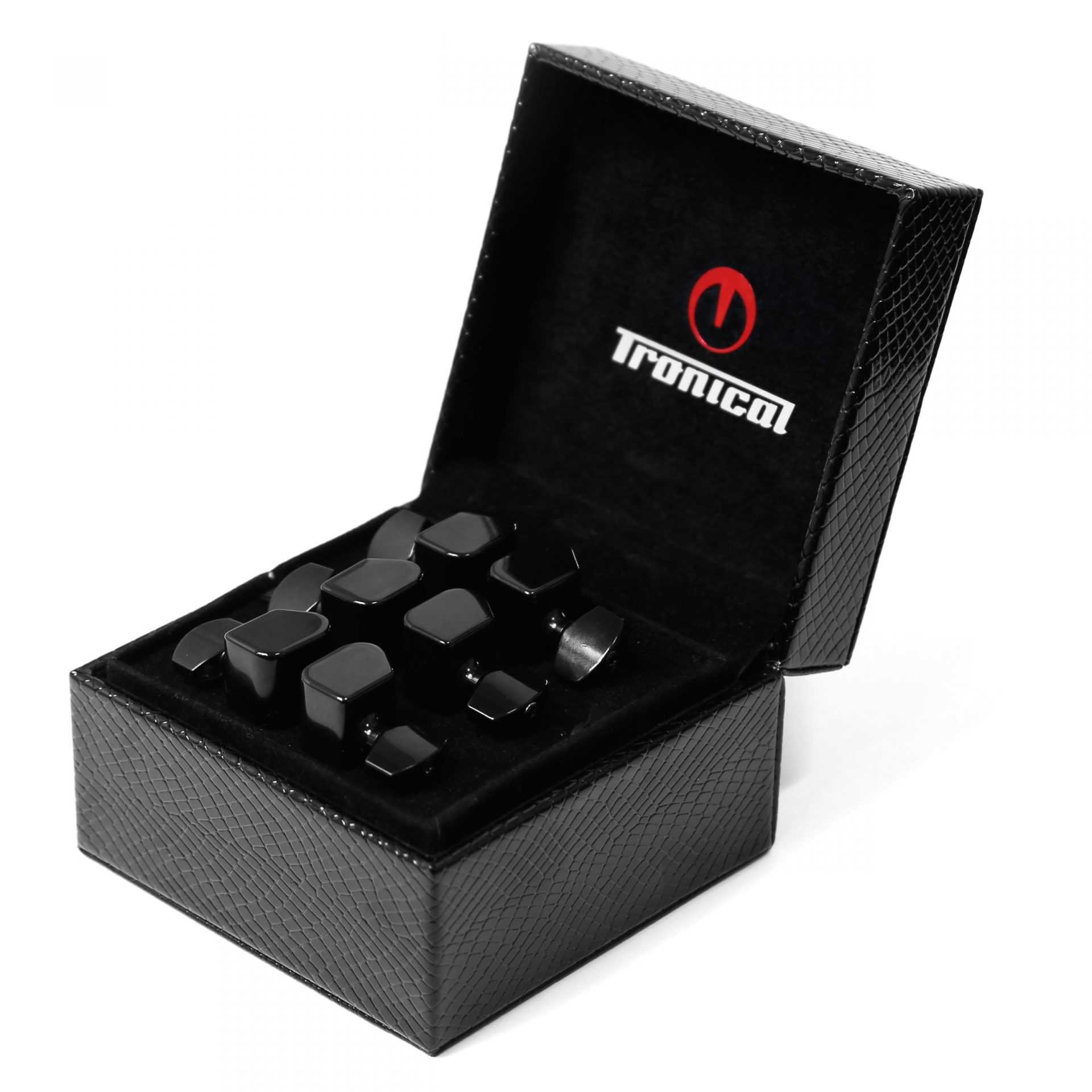 Set of six black PowerHead motorized guitar tuning pegs with Strat keys in an open presentation box
