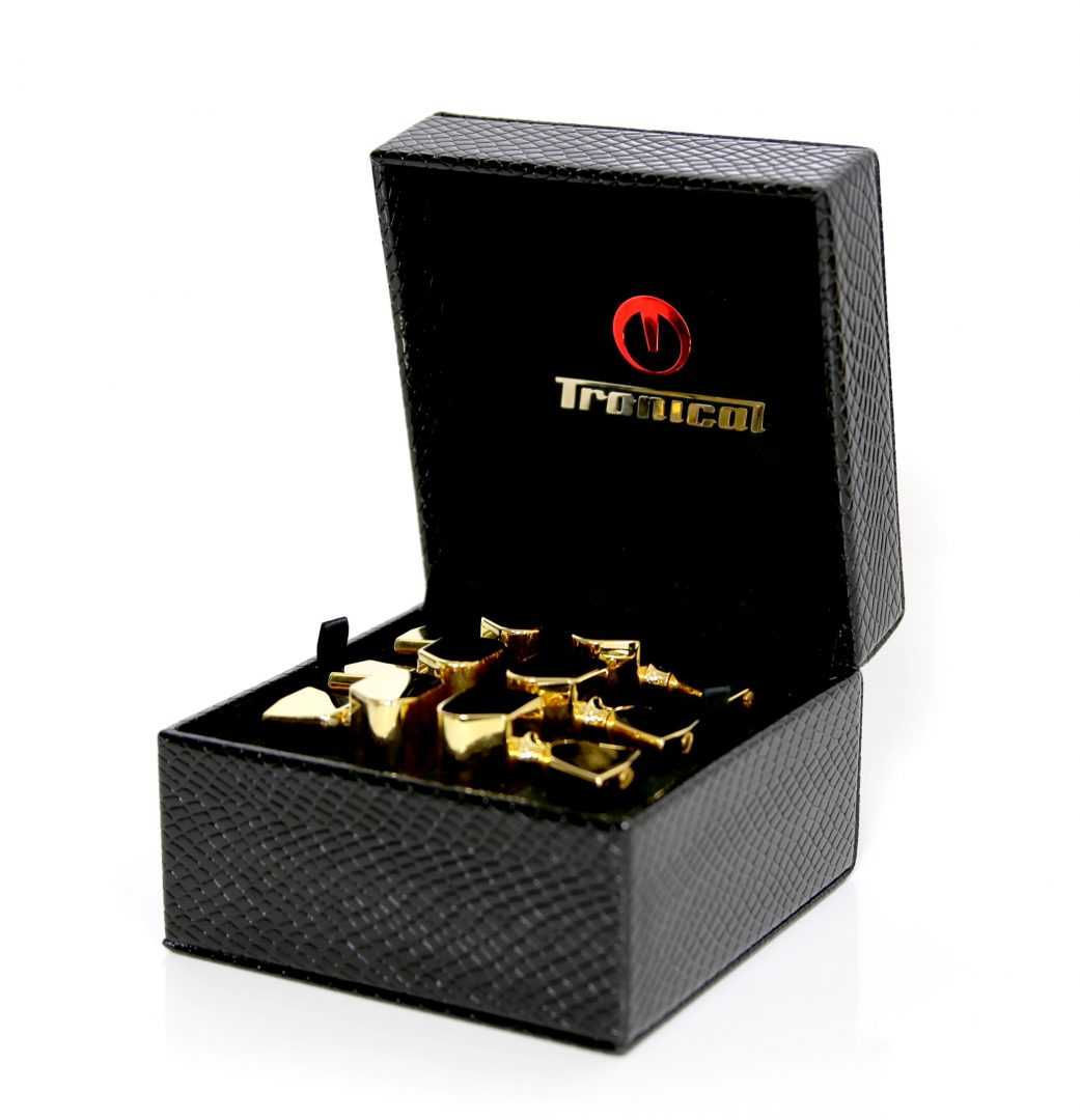 Tronical PowerHead automatic guitar tuning pegs - Gold Tulip set Set of six gold PowerHead motorized guitar tuning pegs with Tulip keys in an open presentation box