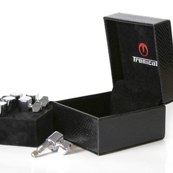 Tronical PowerHead motorized guitar tuning pegs and packaging Chrome PowerHead motorized guitar tuning pegs with an open black presentation box