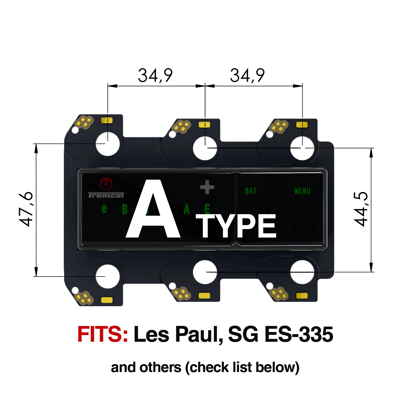 TronicalTune A automatic guitar tuner - mounting dimensions TronicalTune A automatic guitar tuner mounting plate with labeled dimensions and tuning peg hole positions