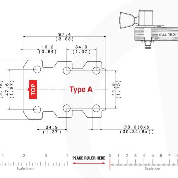 Technical mounting template with hole spacing and dimensions for the TronicalTune A automatic guitar tuner