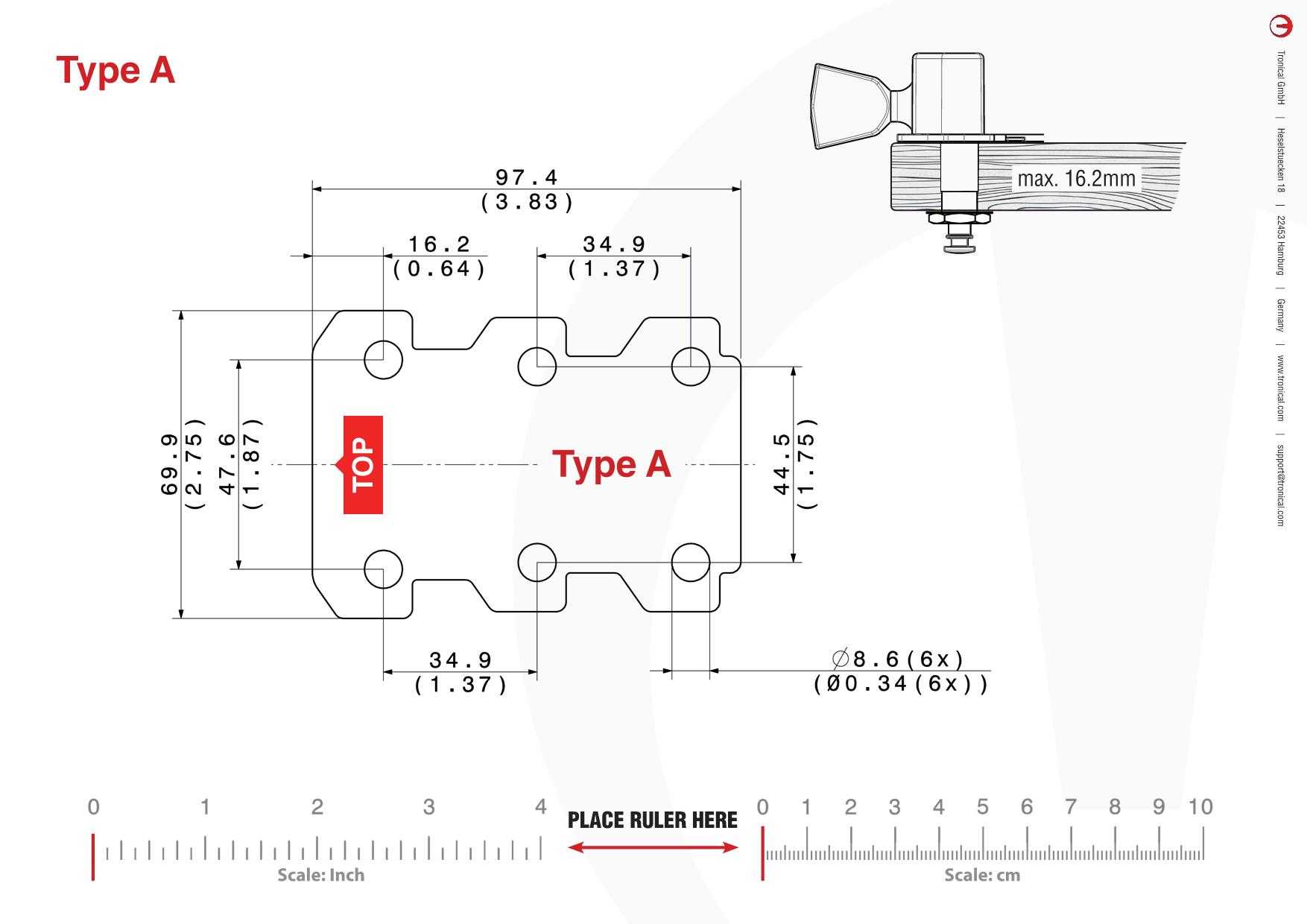 TronicalTune A guitar tuner - mounting template Technical mounting template with hole spacing and dimensions for the TronicalTune A automatic guitar tuner