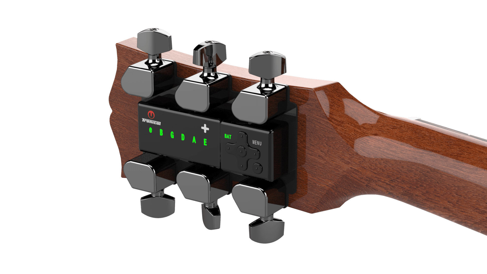 TronicalTune automatic guitar tuner - 3+3, Black chrome Strat TronicalTune automatic guitar tuner mounted behind a 3+3 guitar headstock with black chrome motorized tuning pegs and Strat keys