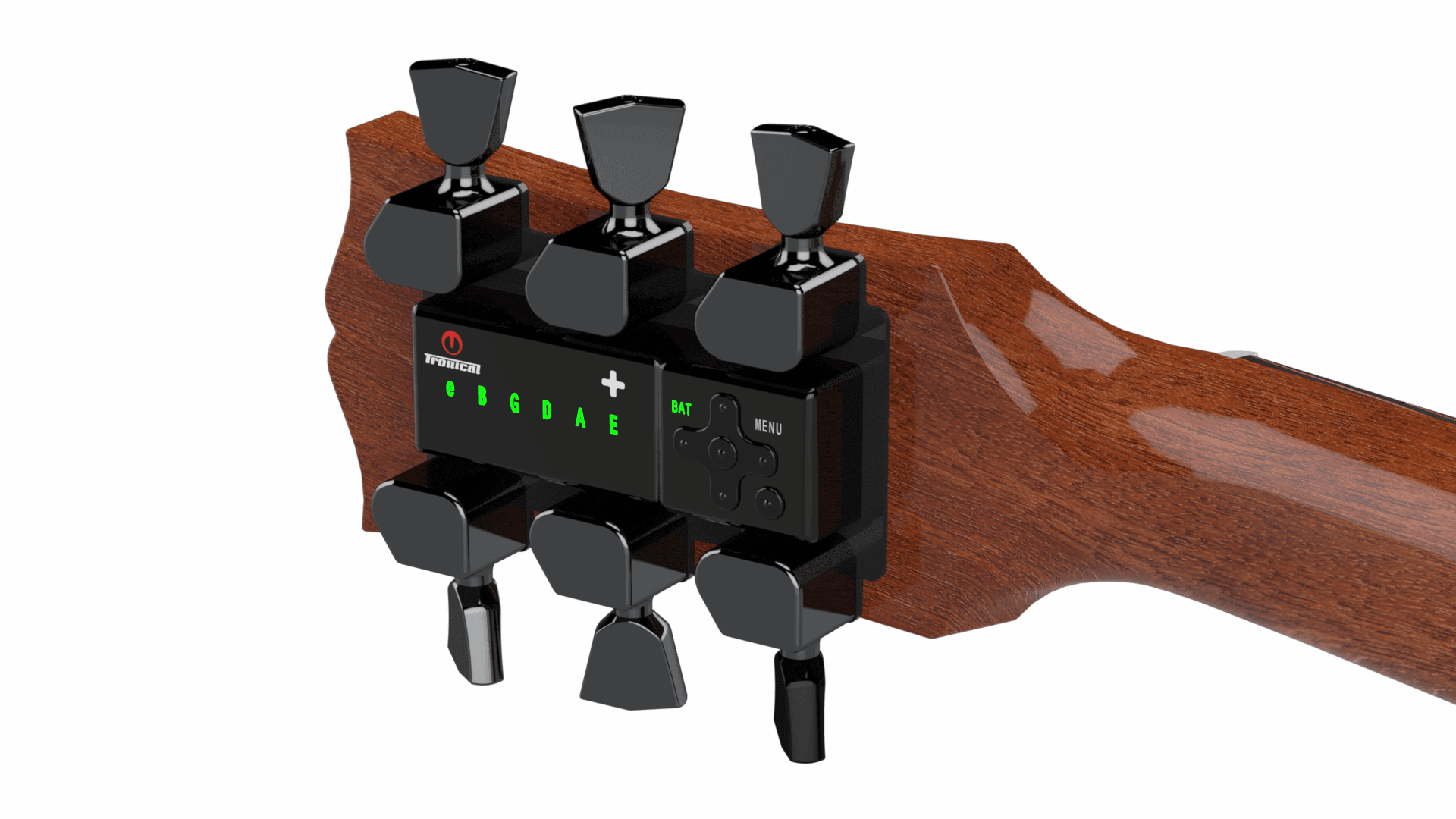 TronicalTune automatic guitar tuner - 3+3, Black Tulip TronicalTune automatic guitar tuner mounted behind a 3+3 guitar headstock with black motorized tuning pegs and Tulip keys