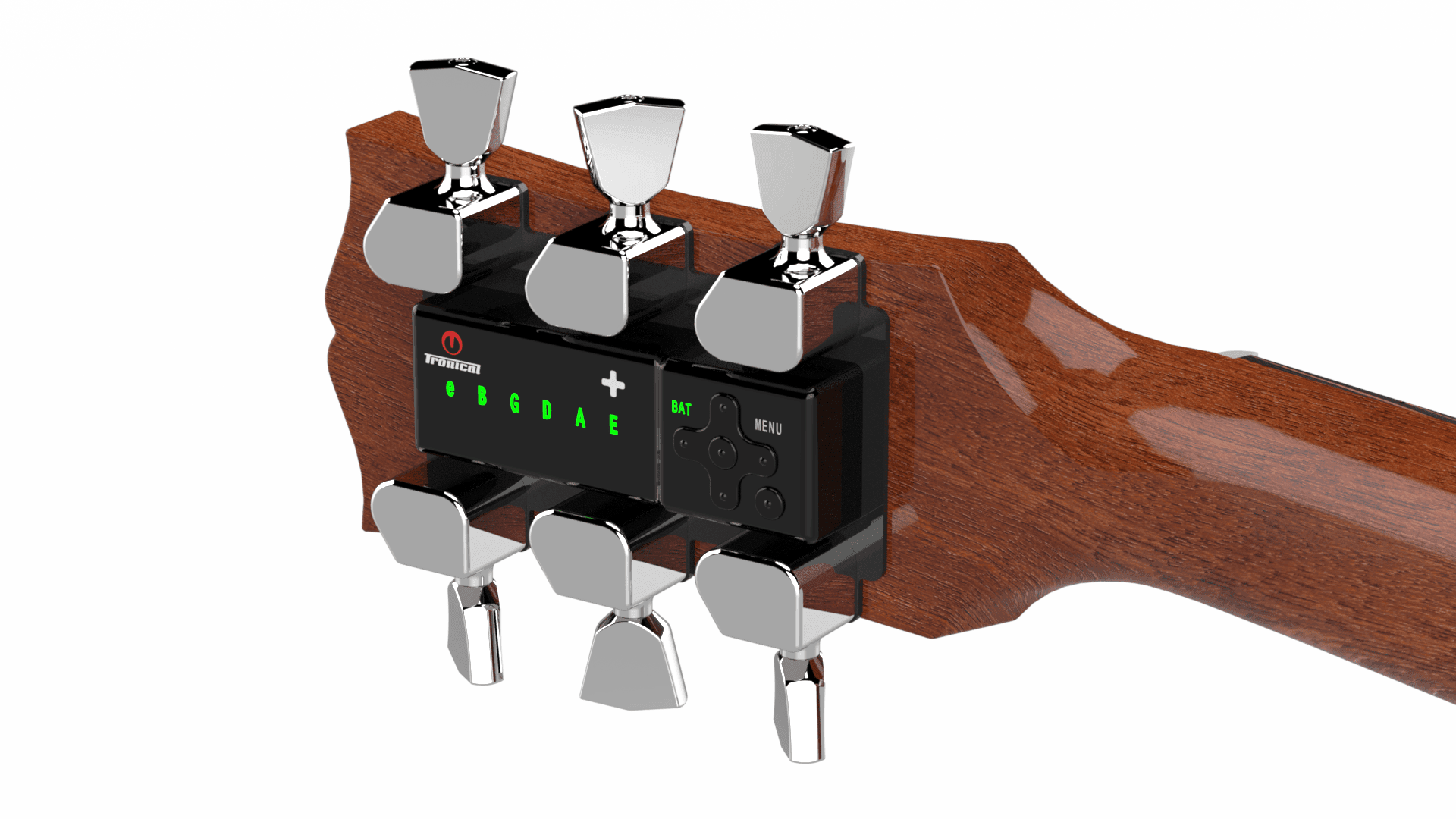 TronicalTune automatic guitar tuner - 3+3, Chrome Tulip TronicalTune automatic guitar tuner mounted behind a 3+3 guitar headstock with chrome motorized tuning pegs and Tulip keys