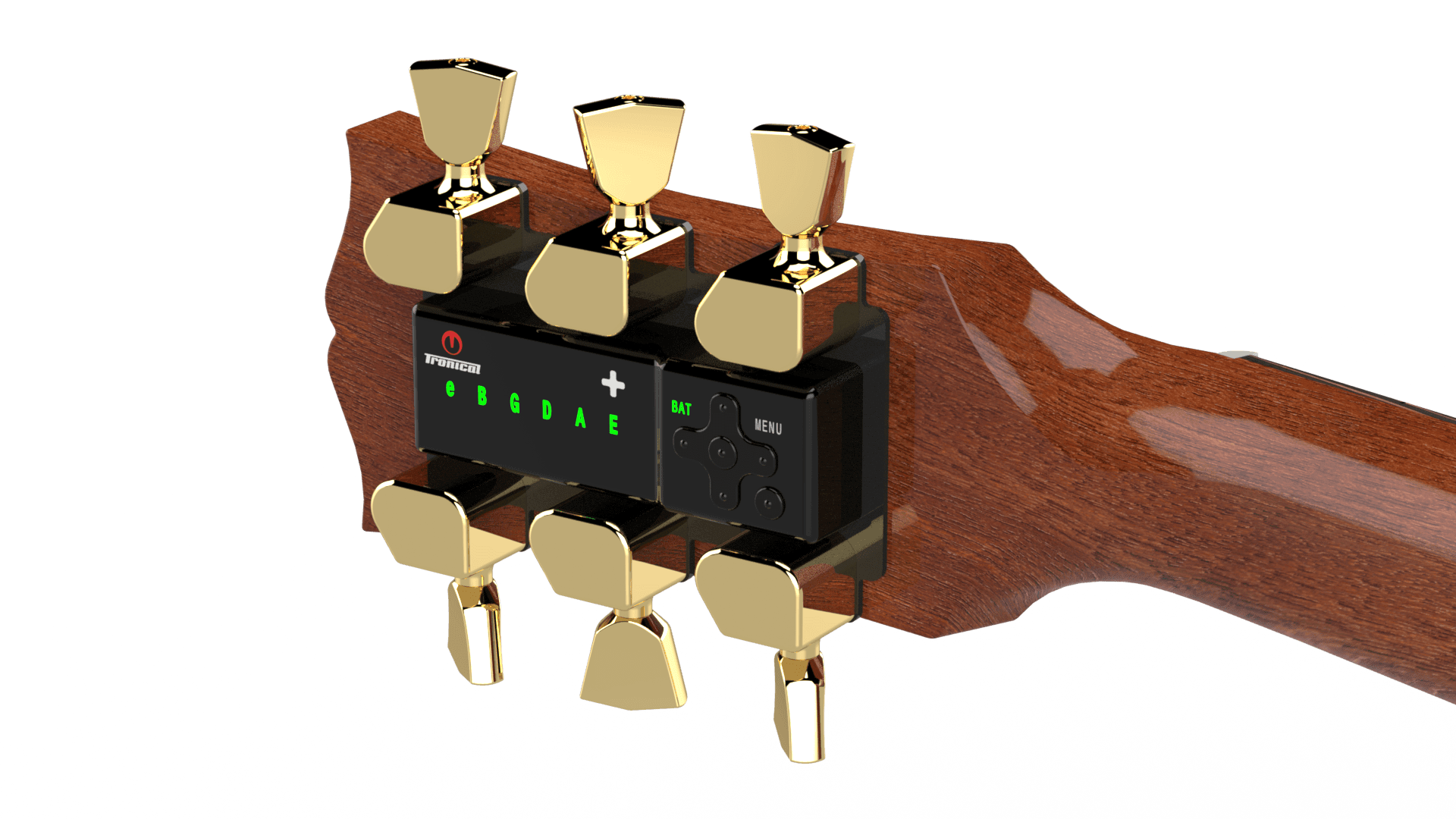TronicalTune automatic guitar tuner - 3+3, Gold Tulip TronicalTune automatic guitar tuner mounted behind a 3+3 guitar headstock with gold motorized tuning pegs and Tulip keys