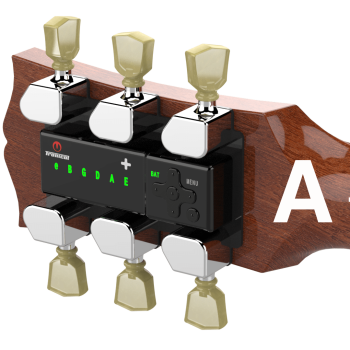 TronicalTune automatic guitar tuner mounted behind a 3+3 guitar headstock with nickel motorized tuning pegs and Marble keys