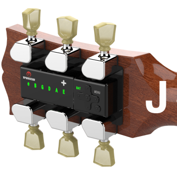 TronicalTune automatic guitar tuner mounted behind a 3+3 guitar headstock with nickel motorized tuning pegs and Marble keys