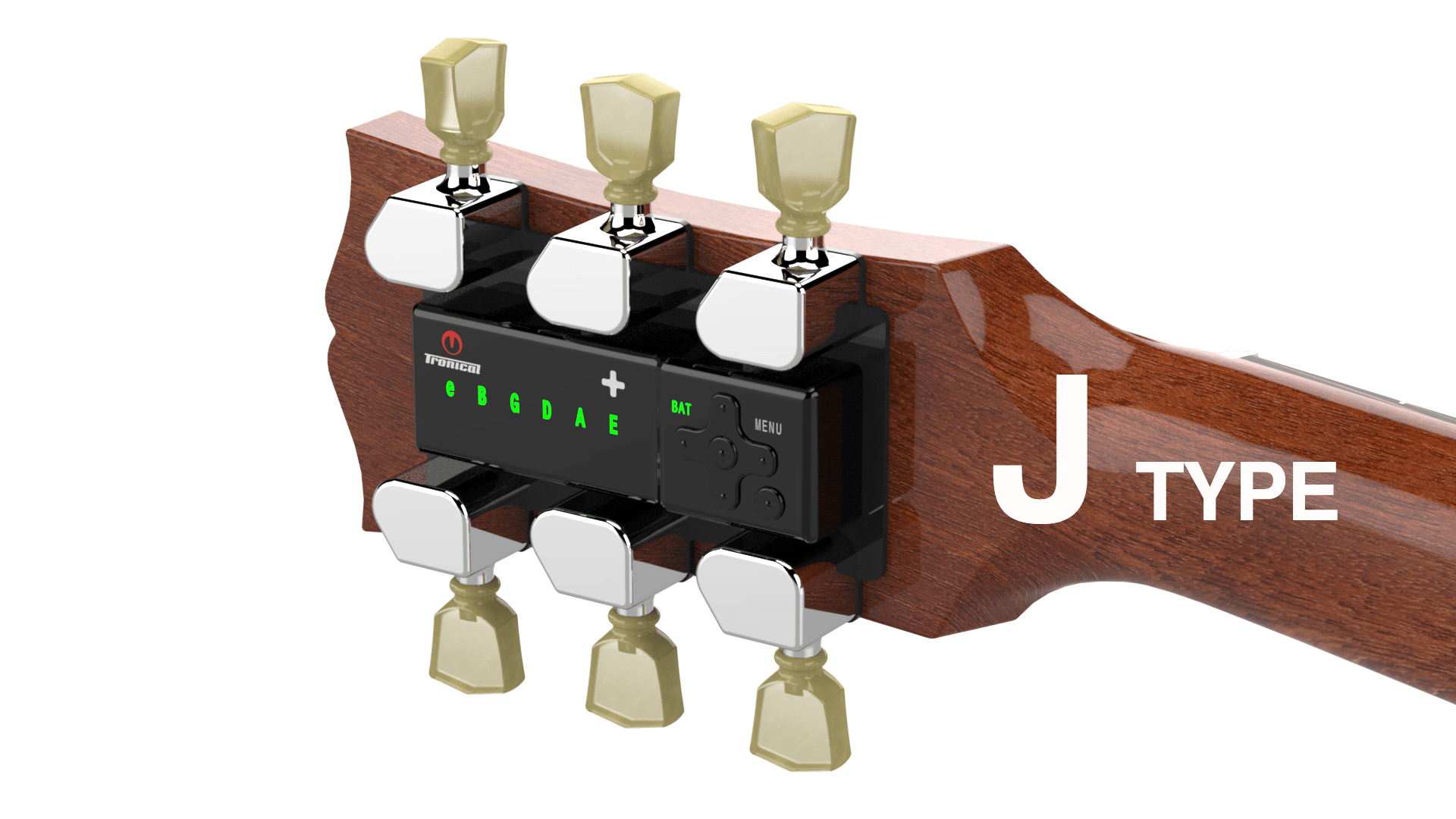 TronicalTune automatic guitar tuner - 3+3, Nickel Marble TronicalTune automatic guitar tuner mounted behind a 3+3 guitar headstock with nickel motorized tuning pegs and Marble keys