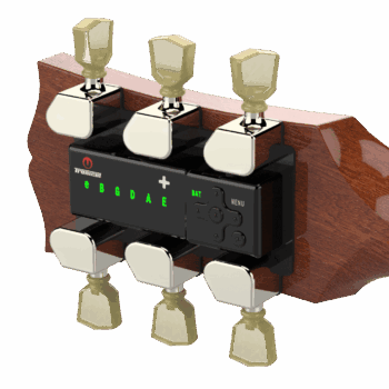 TronicalTune automatic guitar tuner mounted behind a 3+3 guitar headstock with nickel motorized tuning pegs and Marble keys