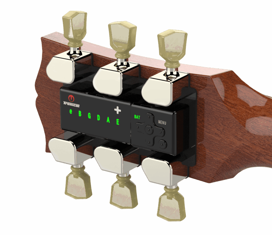 TronicalTune automatic guitar tuner - 3+3, Nickel Marble TronicalTune automatic guitar tuner mounted behind a 3+3 guitar headstock with nickel motorized tuning pegs and Marble keys