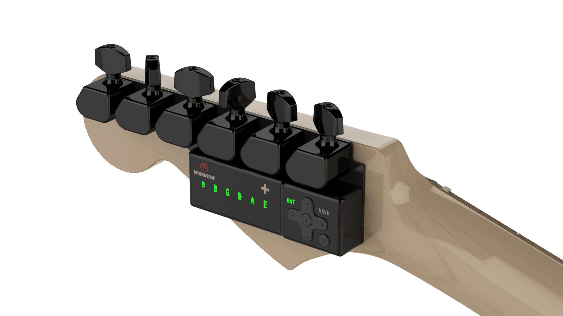 TronicalTune automatic guitar tuner - six-in-line, Black Strat TronicalTune automatic guitar tuner mounted behind a six-in-line guitar headstock with black motorized tuning pegs and Strat keys