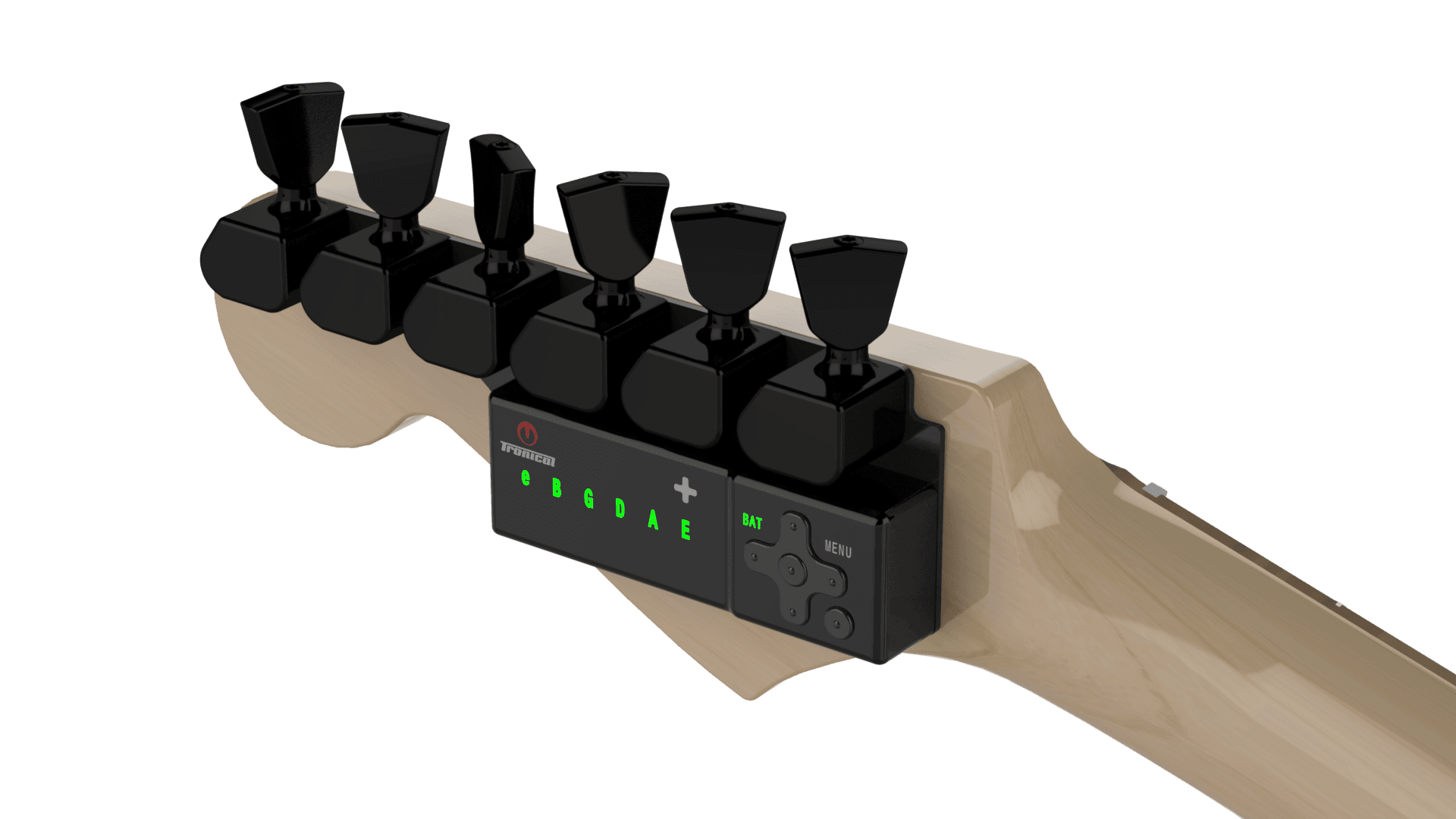 TronicalTune automatic guitar tuner - six-in-line, Black Tulip TronicalTune automatic guitar tuner mounted behind a six-in-line guitar headstock with black motorized tuning pegs and Tulip keys
