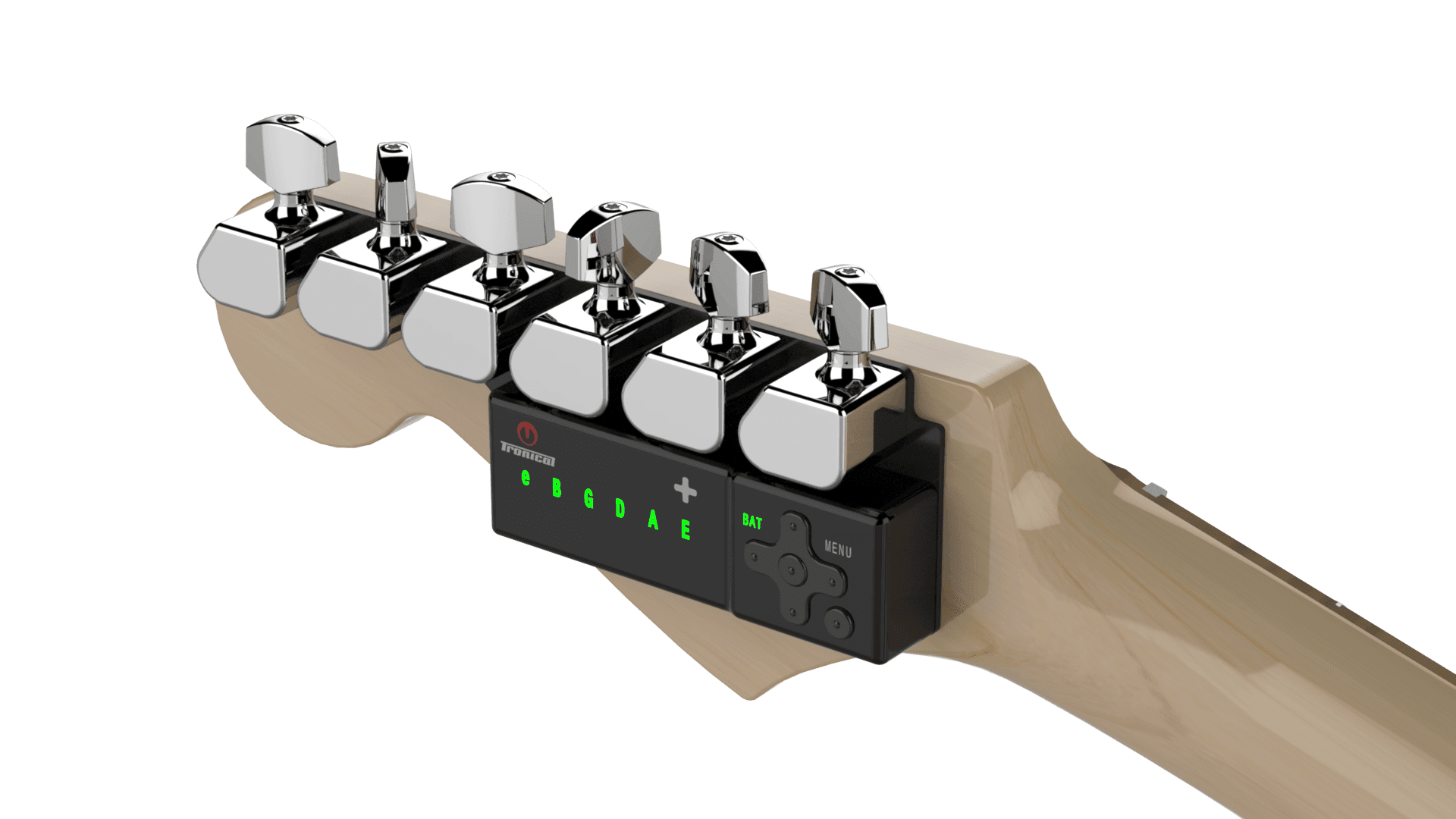 TronicalTune automatic guitar tuner - six-in-line, Chrome Strat TronicalTune automatic guitar tuner mounted behind a six-in-line guitar headstock with chrome motorized tuning pegs and Strat keys