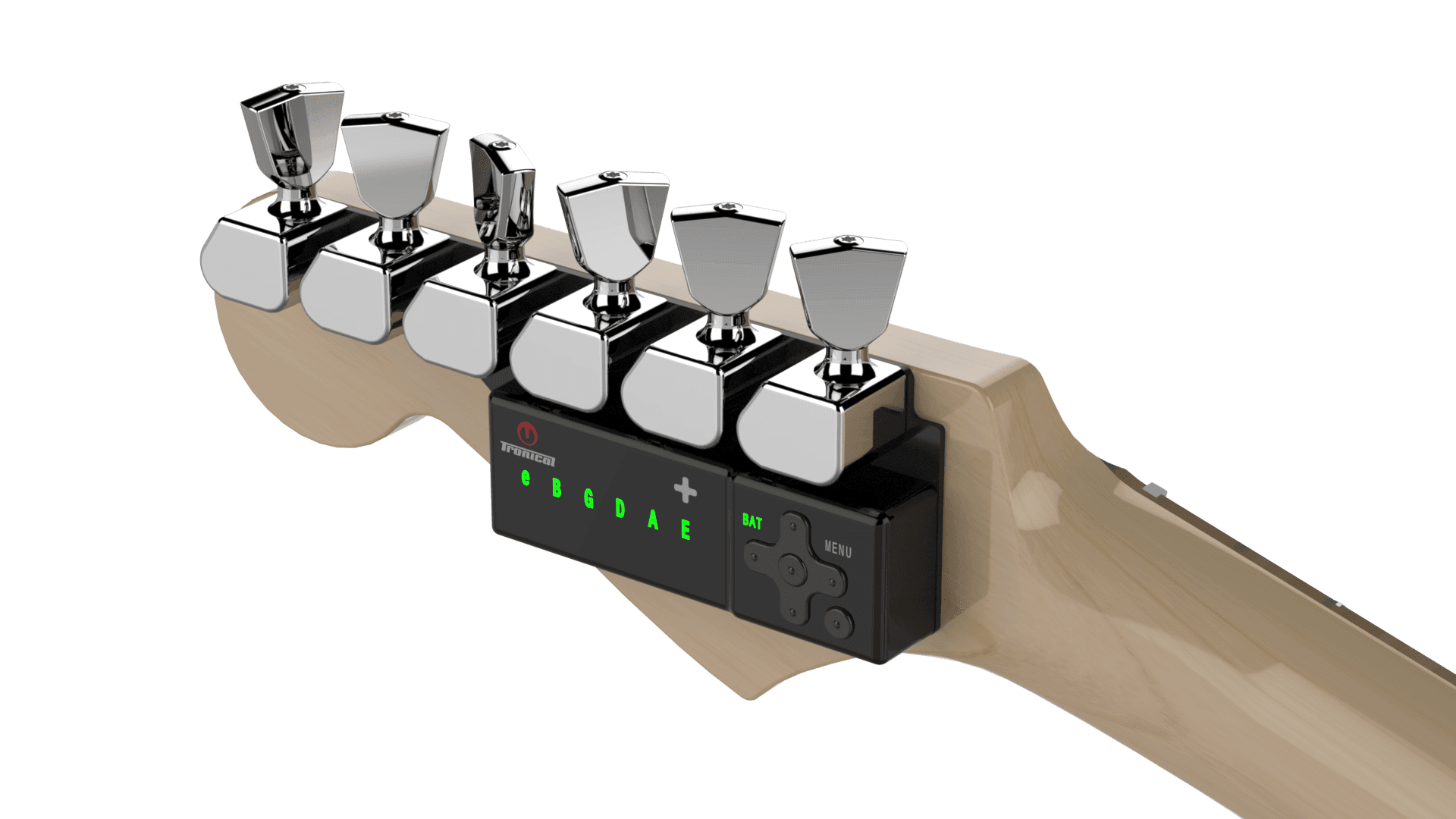 TronicalTune automatic guitar tuner - six-in-line, Chrome Tulip TronicalTune automatic guitar tuner mounted behind a six-in-line guitar headstock with chrome motorized tuning pegs and Tulip keys