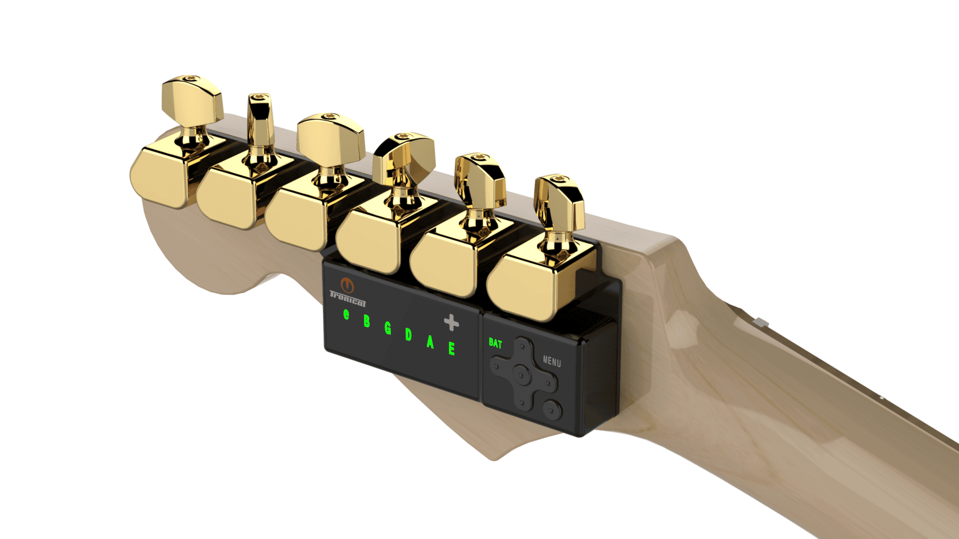TronicalTune automatic guitar tuner - six-in-line, Gold Strat TronicalTune automatic guitar tuner mounted behind a six-in-line guitar headstock with gold motorized tuning pegs and Strat keys