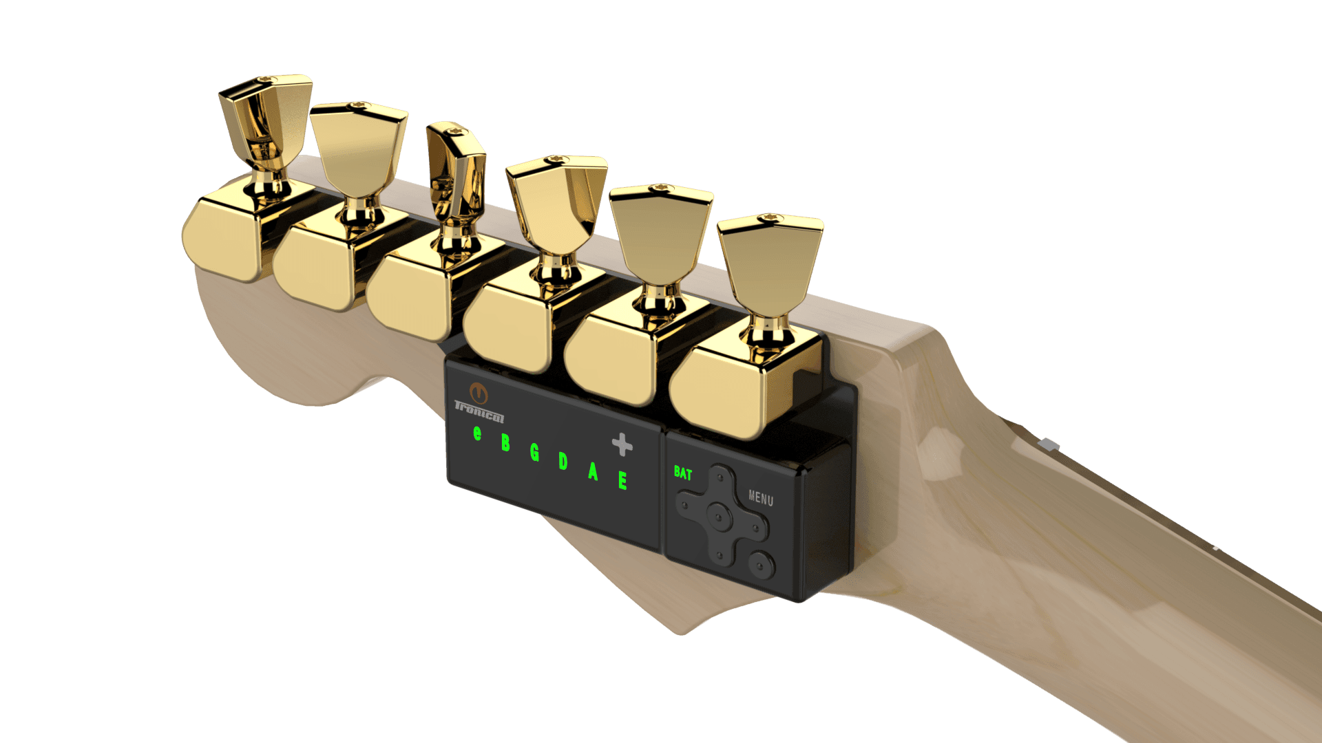 TronicalTune automatic guitar tuner - six-in-line, Gold Tulip TronicalTune automatic guitar tuner mounted behind a six-in-line guitar headstock with gold motorized tuning pegs and Tulip keys