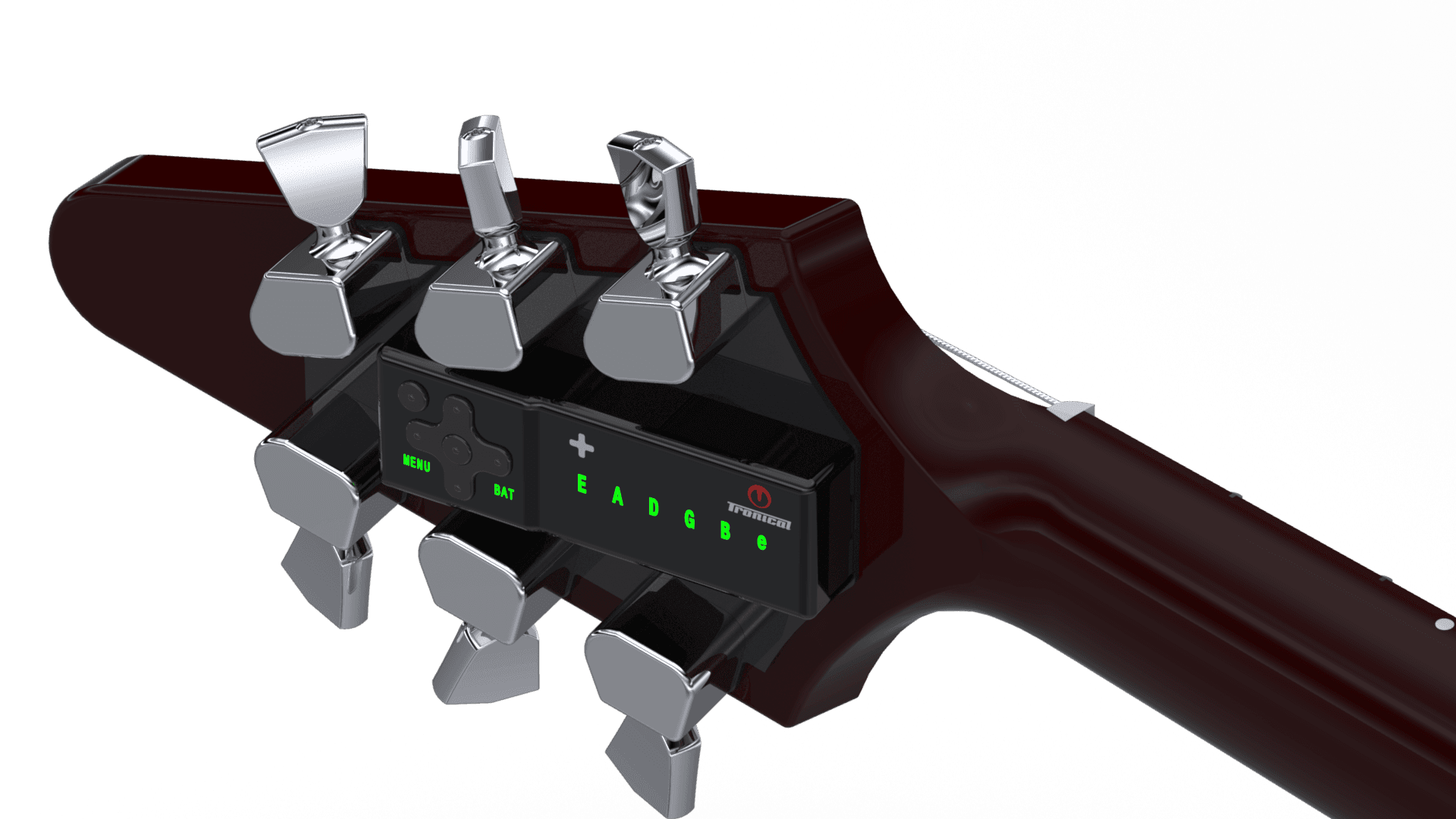 TronicalTune automatic guitar tuner - V-style 3+3, Chrome Tulip TronicalTune automatic guitar tuner mounted behind a V-style 3+3 guitar headstock with chrome motorized tuning pegs and Tulip keys