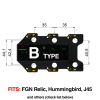 TronicalTune B automatic guitar tuner - mounting dimensions TronicalTune B automatic guitar tuner mounting plate with labeled dimensions and tuning peg hole positions