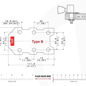 B Type Tronicaltune Guitar Tuner Technical mounting template with hole spacing and dimensions for the TronicalTune B automatic guitar tuner
