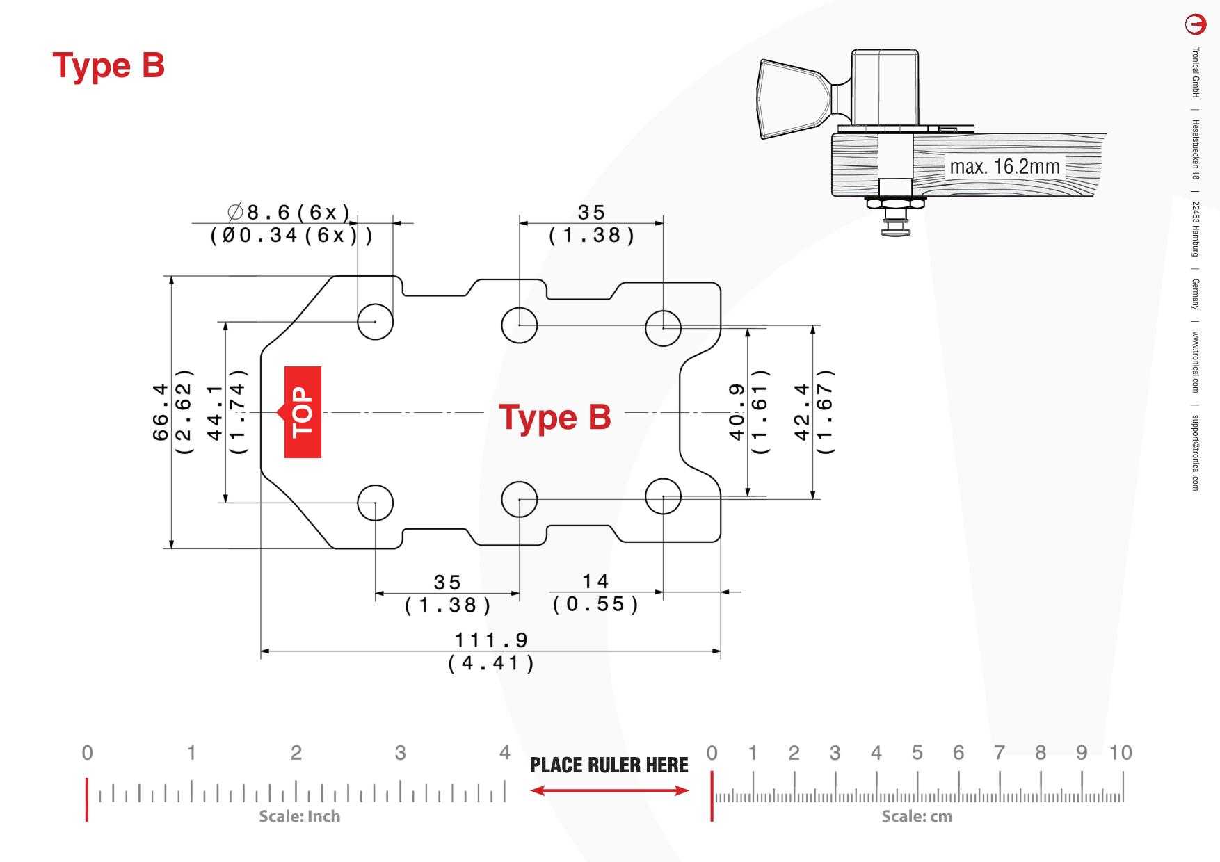 TronicalTune B guitar tuner - mounting template Technical mounting template with hole spacing and dimensions for the TronicalTune B automatic guitar tuner