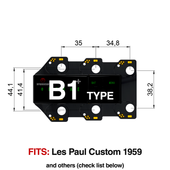 TronicalTune B1 automatic guitar tuner mounting plate with labeled dimensions and tuning peg hole positions