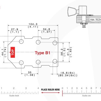 Technical mounting template with hole spacing and dimensions for the TronicalTune B1 automatic guitar tuner