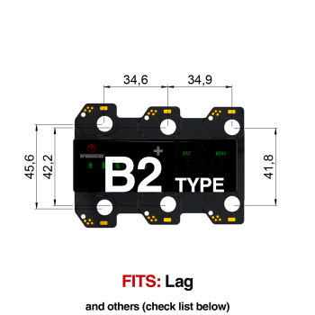 TronicalTune B2 automatic guitar tuner mounting plate with labeled dimensions and tuning peg hole positions