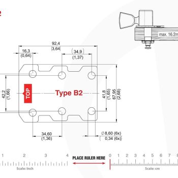 B2 Type Tronicaltune Guitar Tuner Technical mounting template with hole spacing and dimensions for the TronicalTune B2 automatic guitar tuner