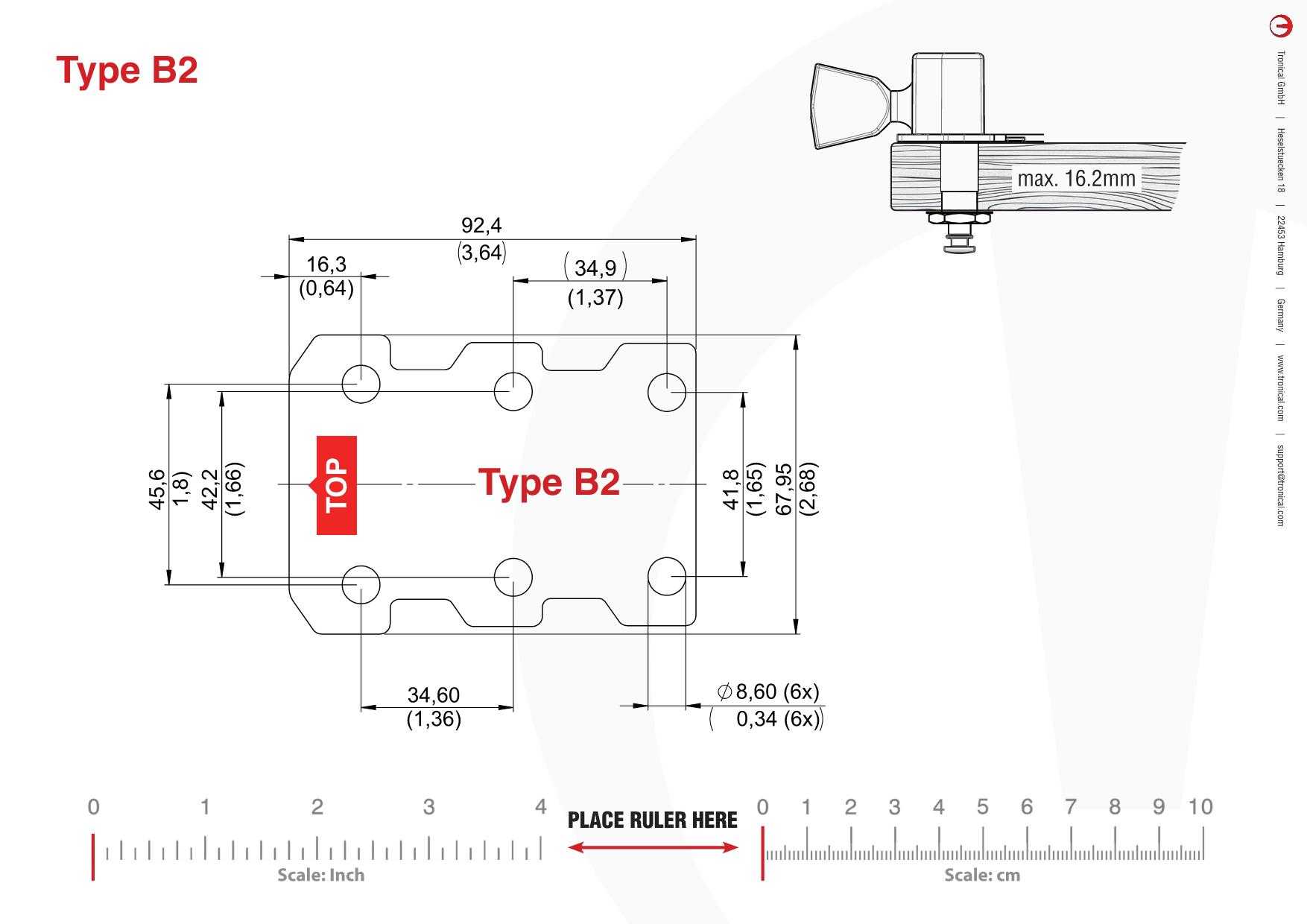 TronicalTune B2 guitar tuner - mounting template Technical mounting template with hole spacing and dimensions for the TronicalTune B2 automatic guitar tuner
