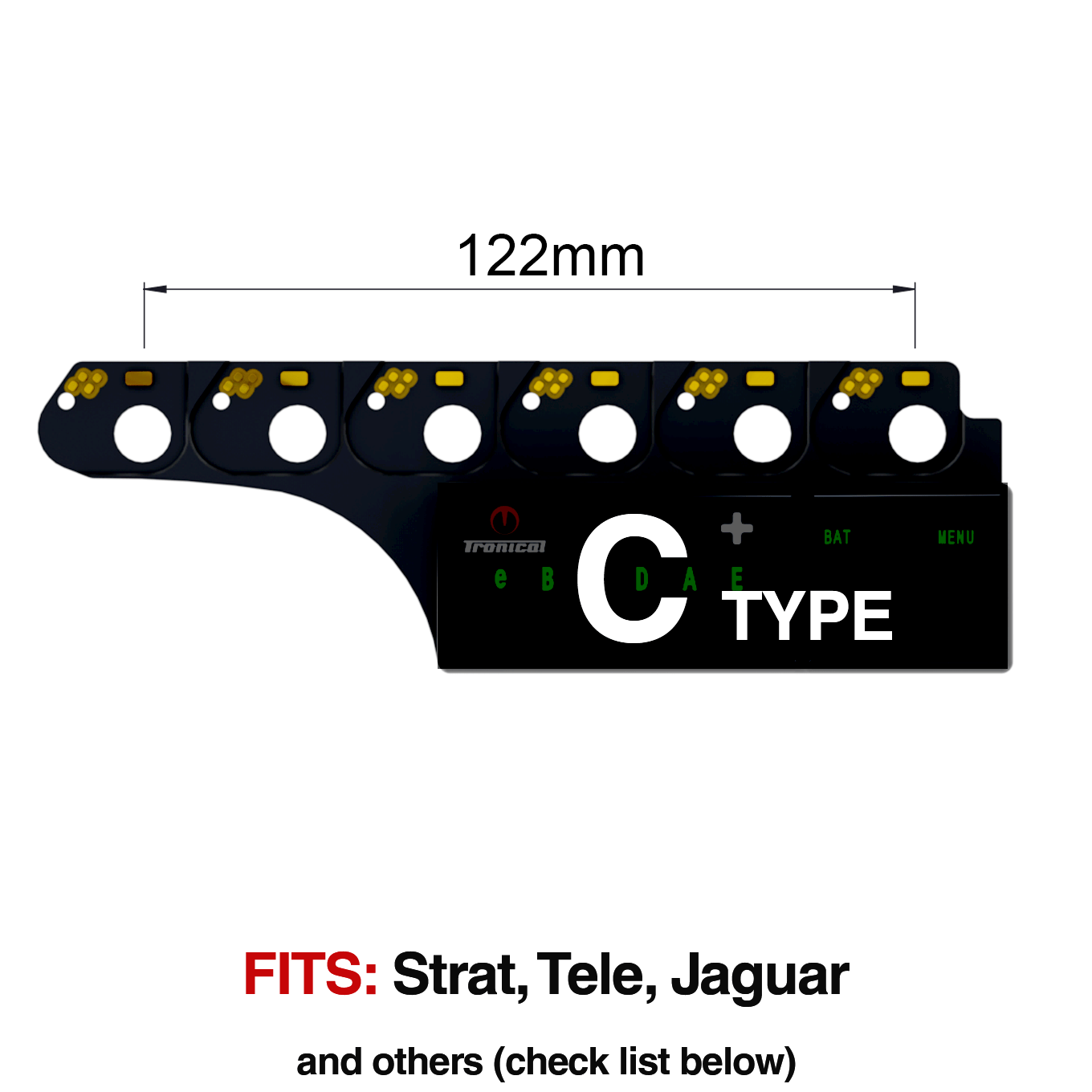 TronicalTune C automatic guitar tuner - mounting dimensions TronicalTune C automatic guitar tuner mounting plate with labeled dimensions and tuning peg hole positions