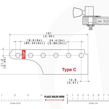 Technical mounting template with hole spacing and dimensions for the TronicalTune C automatic guitar tuner