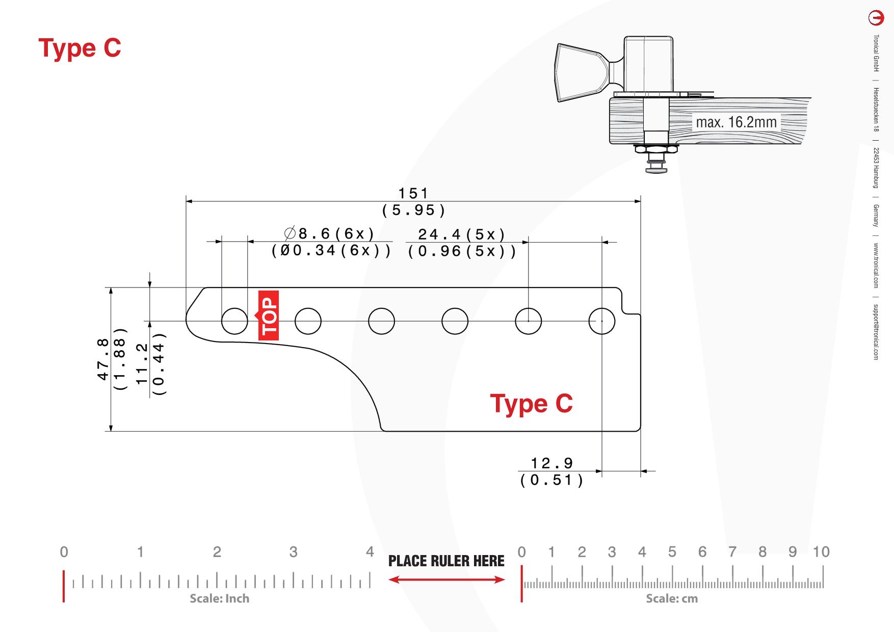 TronicalTune C guitar tuner - mounting template Technical mounting template with hole spacing and dimensions for the TronicalTune C automatic guitar tuner