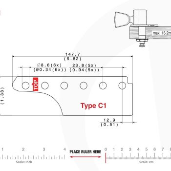 C1 Type Tronicaltune Guitar Tuner Technical mounting template with hole spacing and dimensions for the TronicalTune C1 automatic guitar tuner
