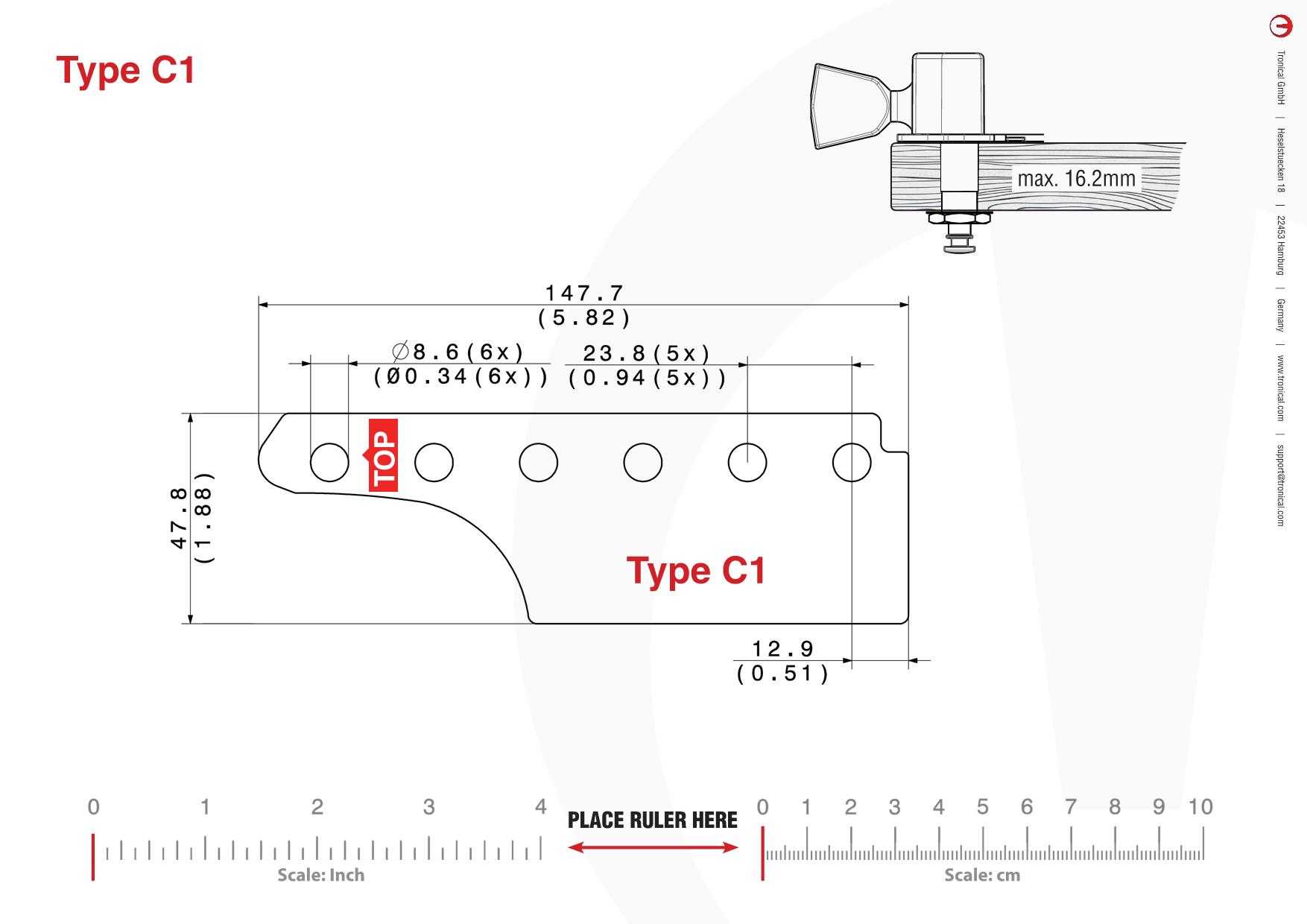 TronicalTune C1 guitar tuner - mounting template Technical mounting template with hole spacing and dimensions for the TronicalTune C1 automatic guitar tuner