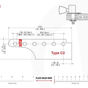 Technical mounting template with hole spacing and dimensions for the TronicalTune C2 automatic guitar tuner