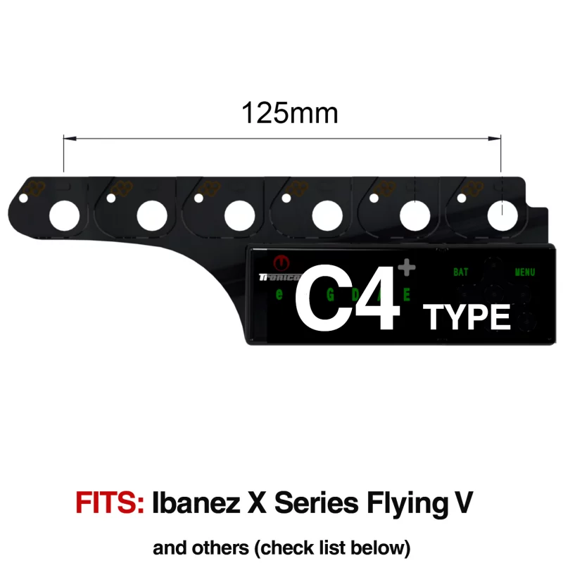 TronicalTune C4 automatic guitar tuner - mounting dimensions TronicalTune C4 automatic guitar tuner mounting plate with labeled dimensions and tuning peg hole positions
