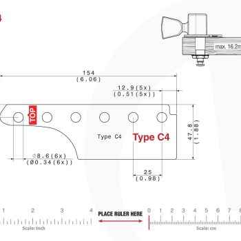 C4 Type Tronicaltune Guitar Tuner Technical mounting template with hole spacing and dimensions for the TronicalTune C4 automatic guitar tuner