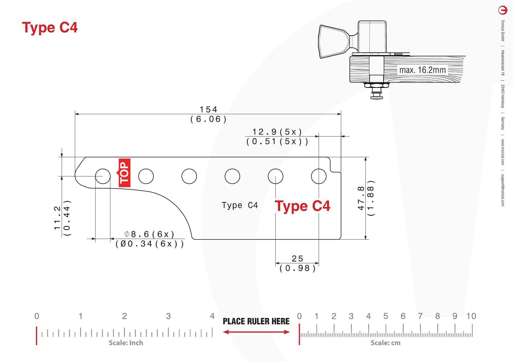 TronicalTune C4 guitar tuner - mounting template Technical mounting template with hole spacing and dimensions for the TronicalTune C4 automatic guitar tuner