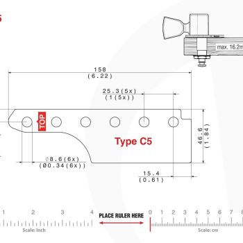 C5 Type Tronicaltune Guitar Tuner Technical mounting template with hole spacing and dimensions for the TronicalTune C5 automatic guitar tuner
