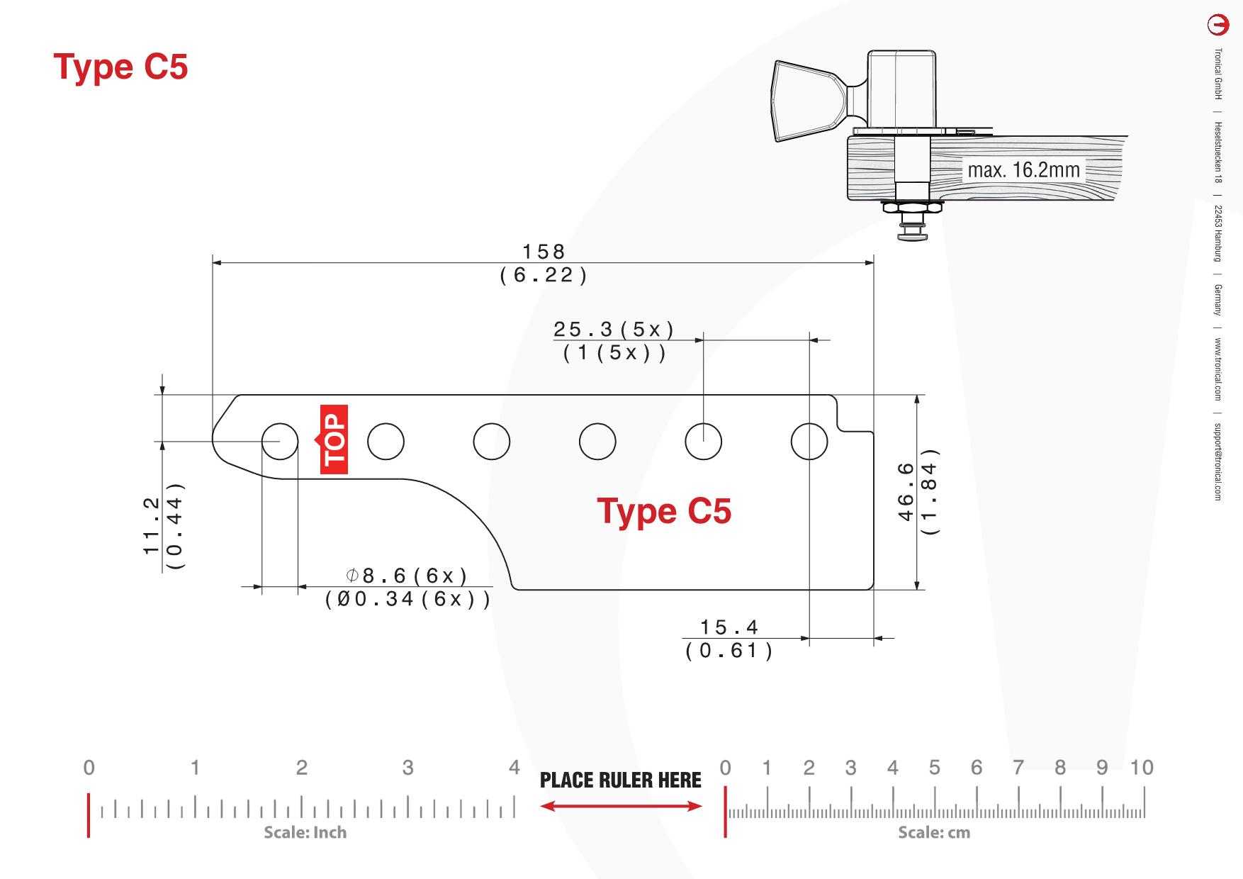 TronicalTune C5 guitar tuner - mounting template Technical mounting template with hole spacing and dimensions for the TronicalTune C5 automatic guitar tuner