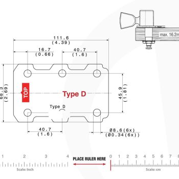 Technical mounting template with hole spacing and dimensions for the TronicalTune D automatic guitar tuner