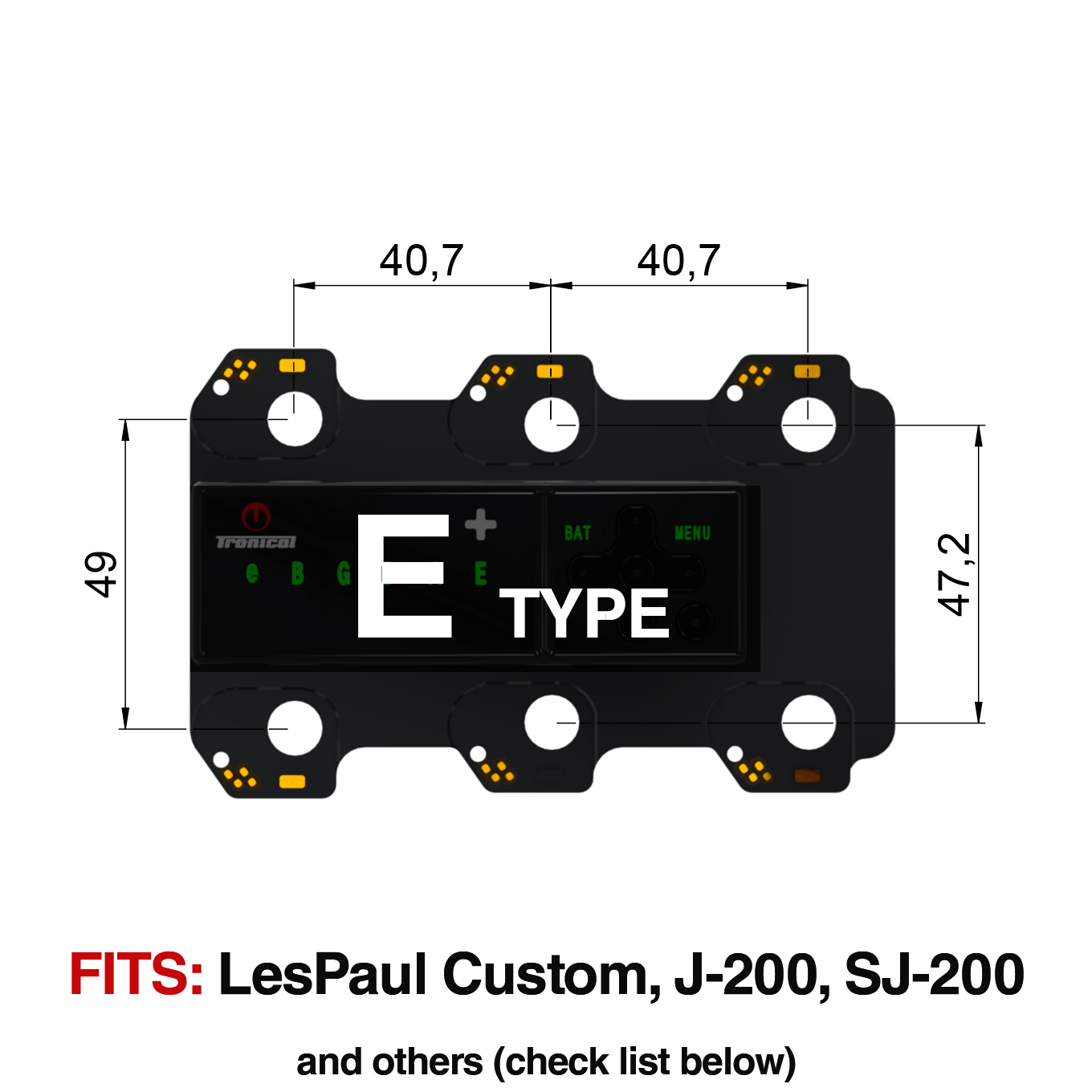 TronicalTune E automatic guitar tuner - mounting dimensions TronicalTune E automatic guitar tuner mounting plate with labeled dimensions and tuning peg hole positions