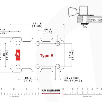 Technical mounting template with hole spacing and dimensions for the TronicalTune E automatic guitar tuner