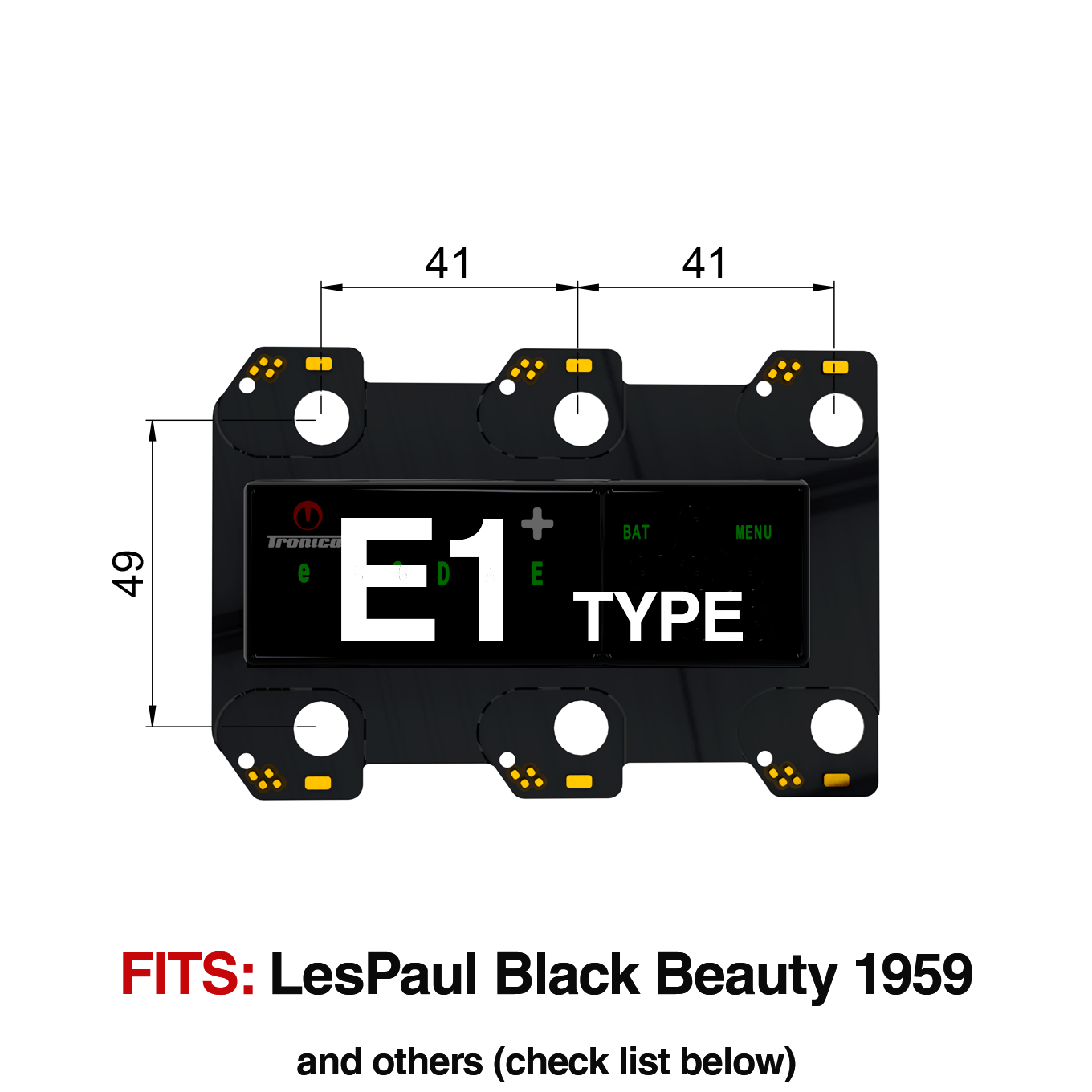 TronicalTune E1 automatic guitar tuner - mounting dimensions TronicalTune E1 automatic guitar tuner mounting plate with labeled dimensions and tuning peg hole positions