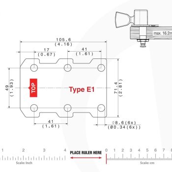 E1 Type Tronicaltune Guitar Tuner Technical mounting template with hole spacing and dimensions for the TronicalTune E1 automatic guitar tuner