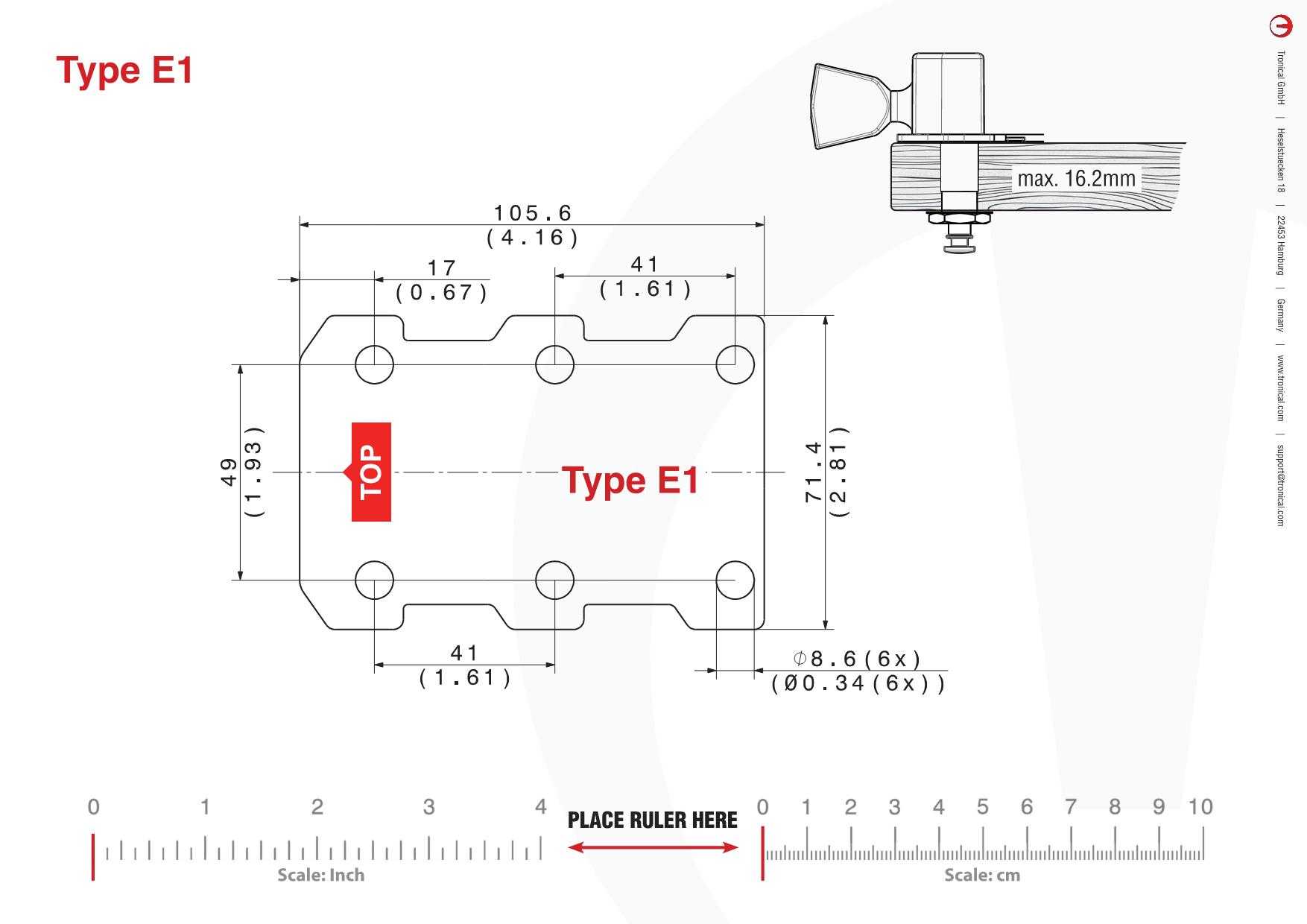 TronicalTune E1 guitar tuner - mounting template Technical mounting template with hole spacing and dimensions for the TronicalTune E1 automatic guitar tuner
