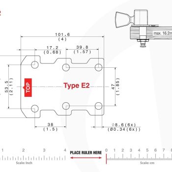 E2 Type Tronicaltune Guitar Tuner Technical mounting template with hole spacing and dimensions for the TronicalTune E2 automatic guitar tuner
