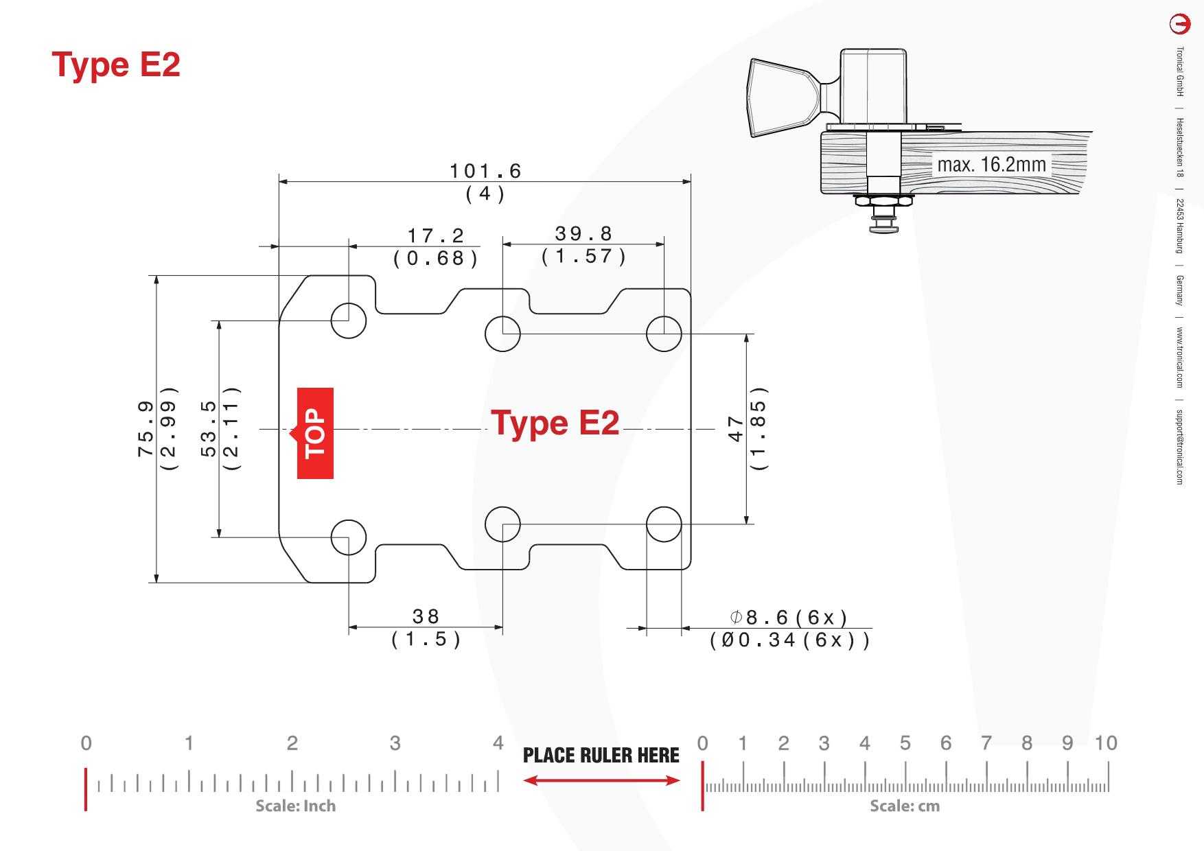 TronicalTune E2 guitar tuner - mounting template Technical mounting template with hole spacing and dimensions for the TronicalTune E2 automatic guitar tuner